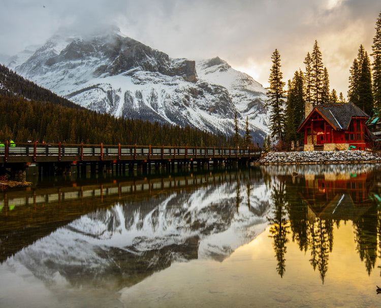 Golden Hour Reflection at Mountain Lake with Rustic Cabin2