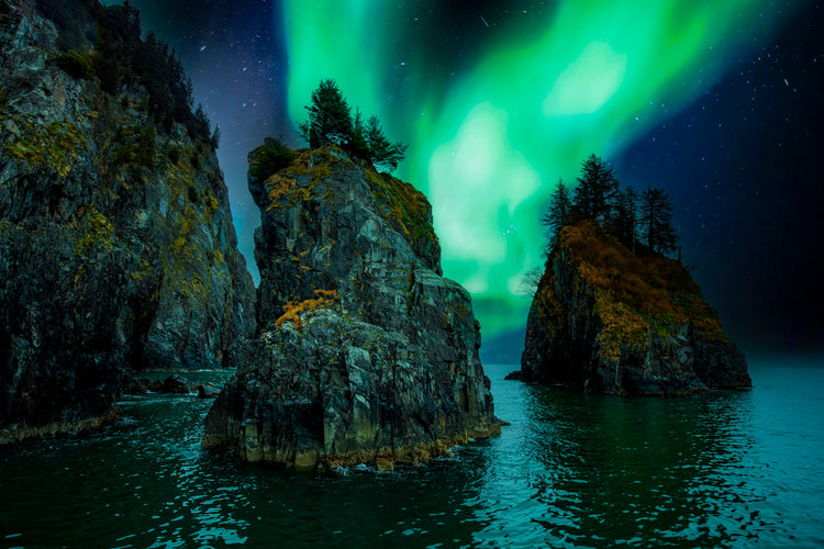 Emerald Aurora Over Sea Stacks