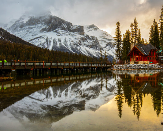 Golden Hour Reflection at Mountain Lake with Rustic Cabin2