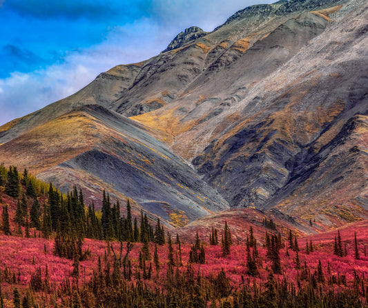 Vibrant Tundra and Towering Rocky Slopes Under Blue Skies