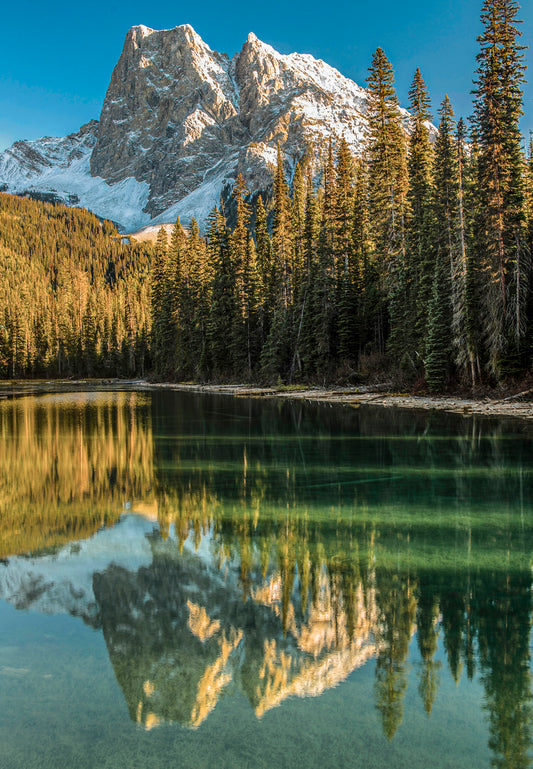 A scenic mountain landscape with snow-dusted peaks, a dense evergreen forest, and a clear turquoise lake reflecting the mountains and trees.